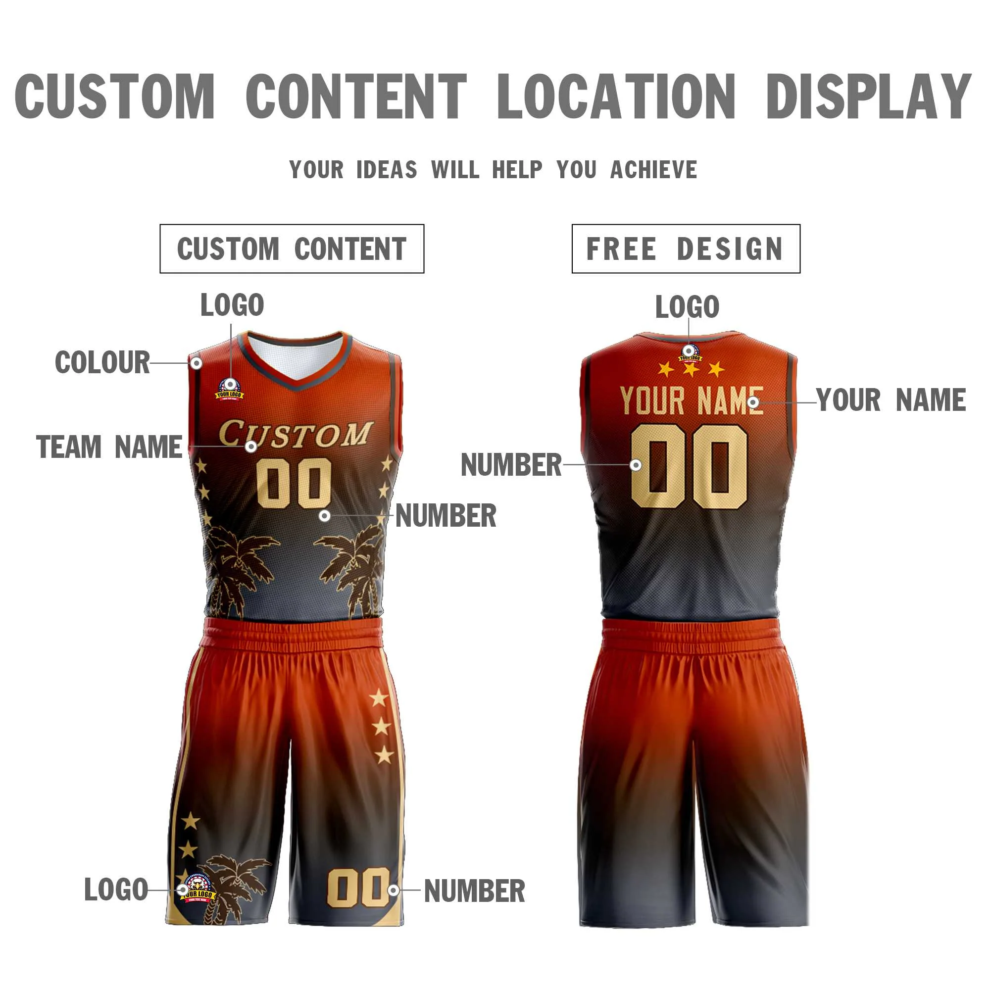 Custom Texas Orange Brown-Dark Gray Gradient Fashion Coconut Palm Pattern Sports Uniform Basketball Jersey - Image 3