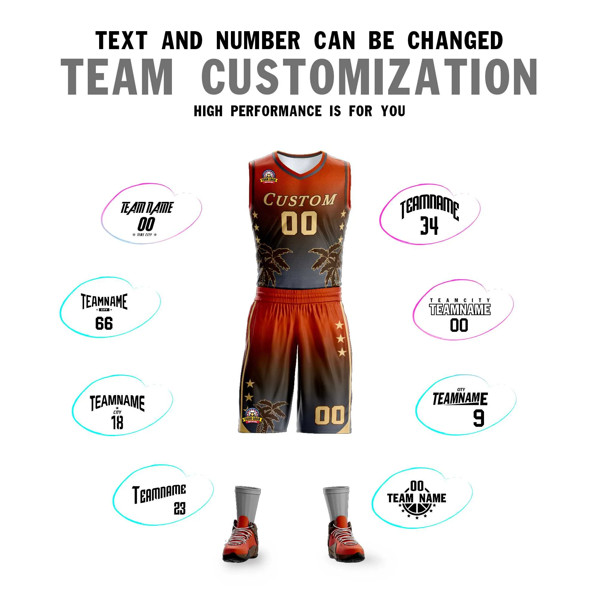 Custom Texas Orange Brown-Dark Gray Gradient Fashion Coconut Palm Pattern Sports Uniform Basketball Jersey - Image 4