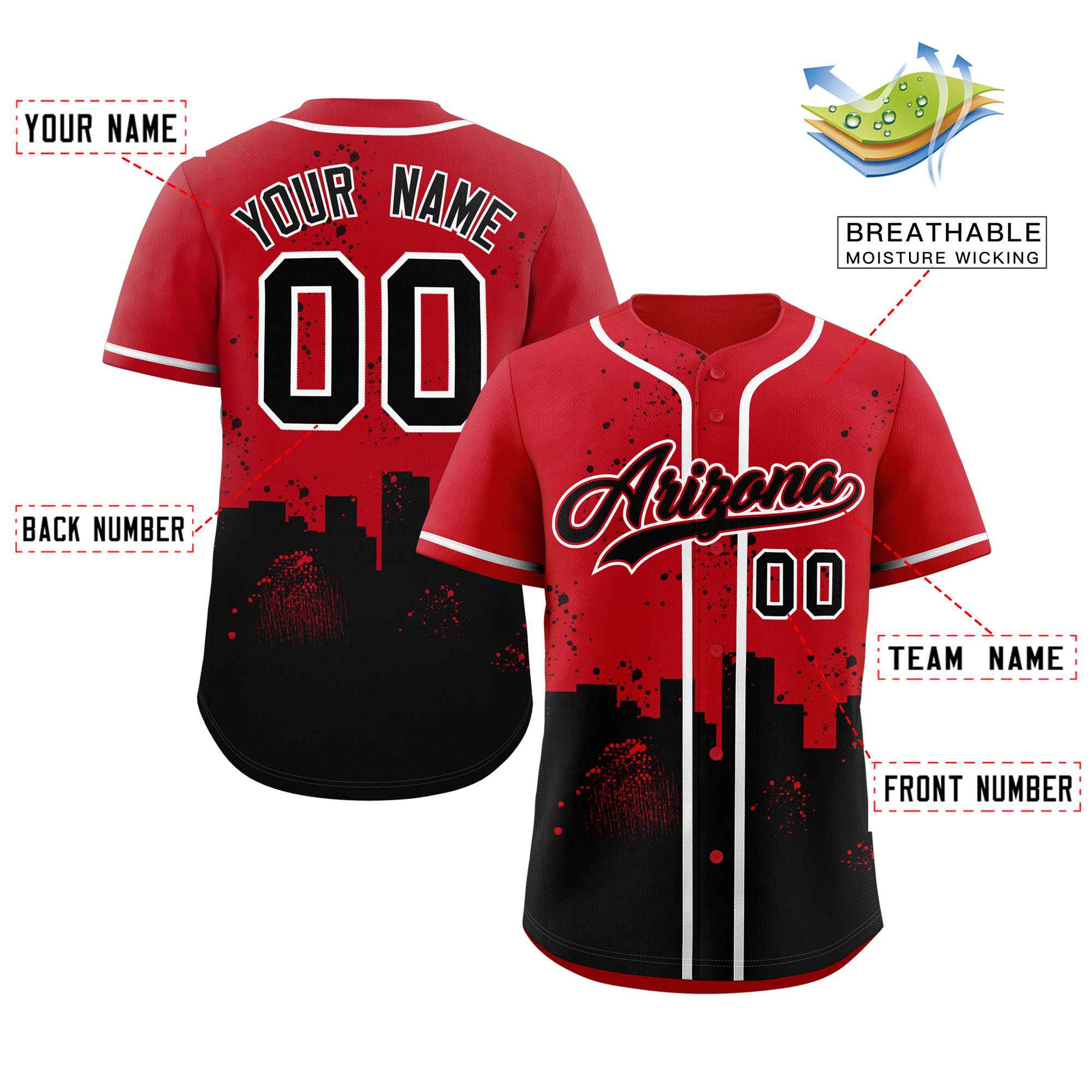 Custom Red Black Personalized Arizona City Nightscape Authentic Baseball Jersey - Image 2