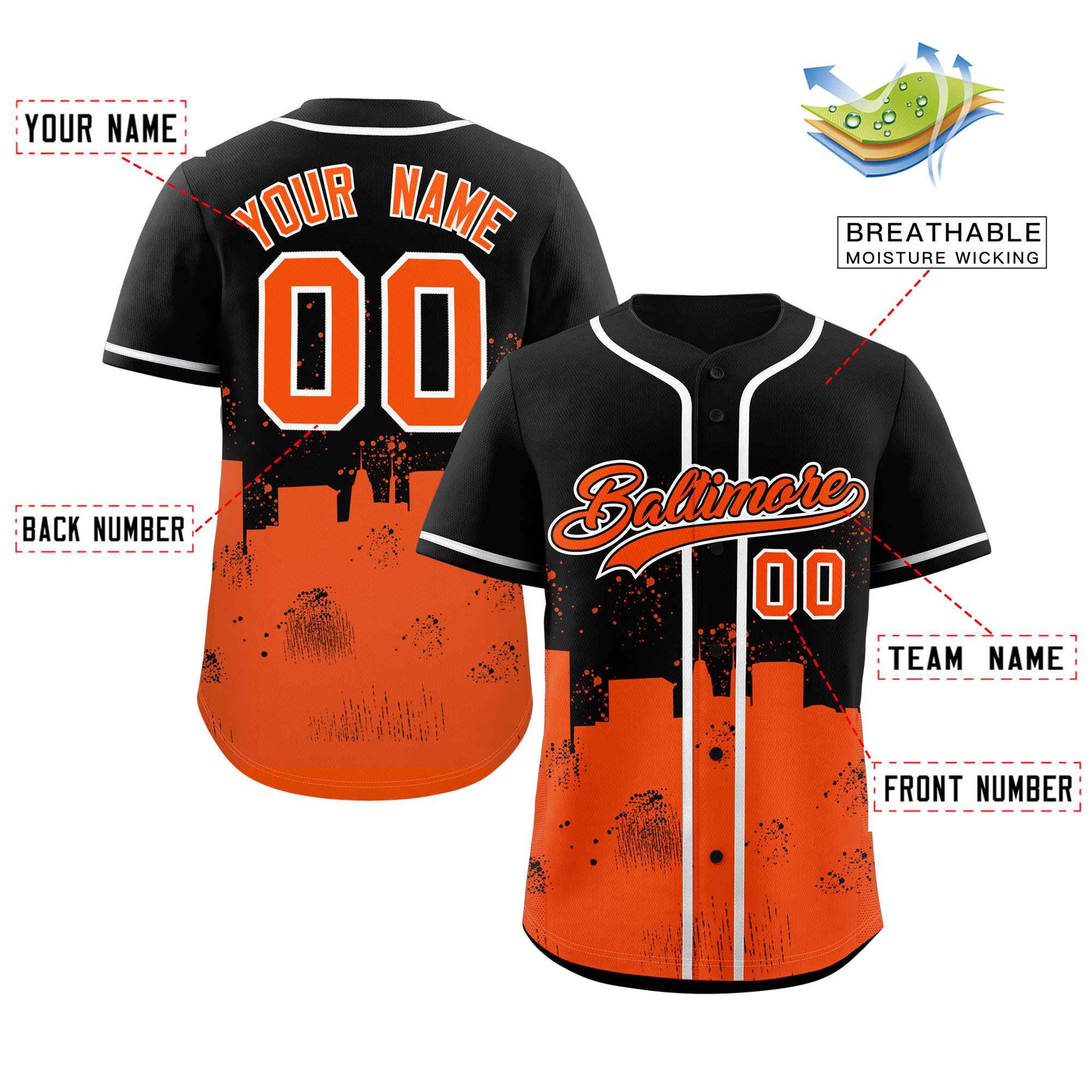 Custom Black Orange Personalized Baltimore City Nightscape Authentic Baseball Jersey - Image 2