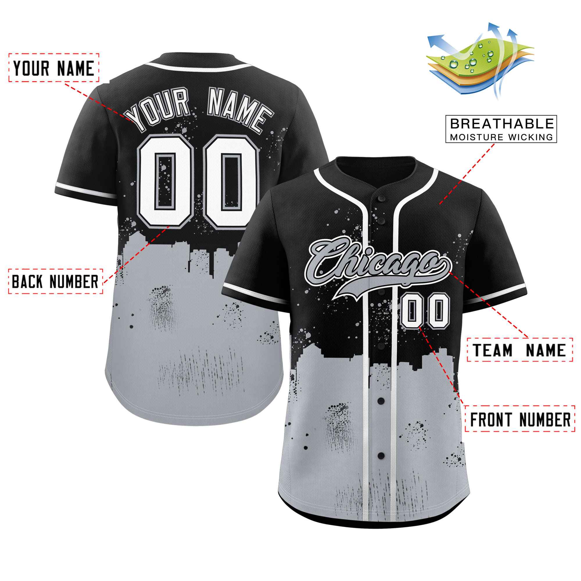 Custom Black Gray Personalized Chicago City Nightscape Authentic Baseball Jersey - Image 2