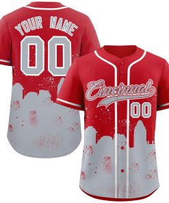 Custom Red Gray Personalized Cincinnati City Nightscape Authentic Baseball Jersey