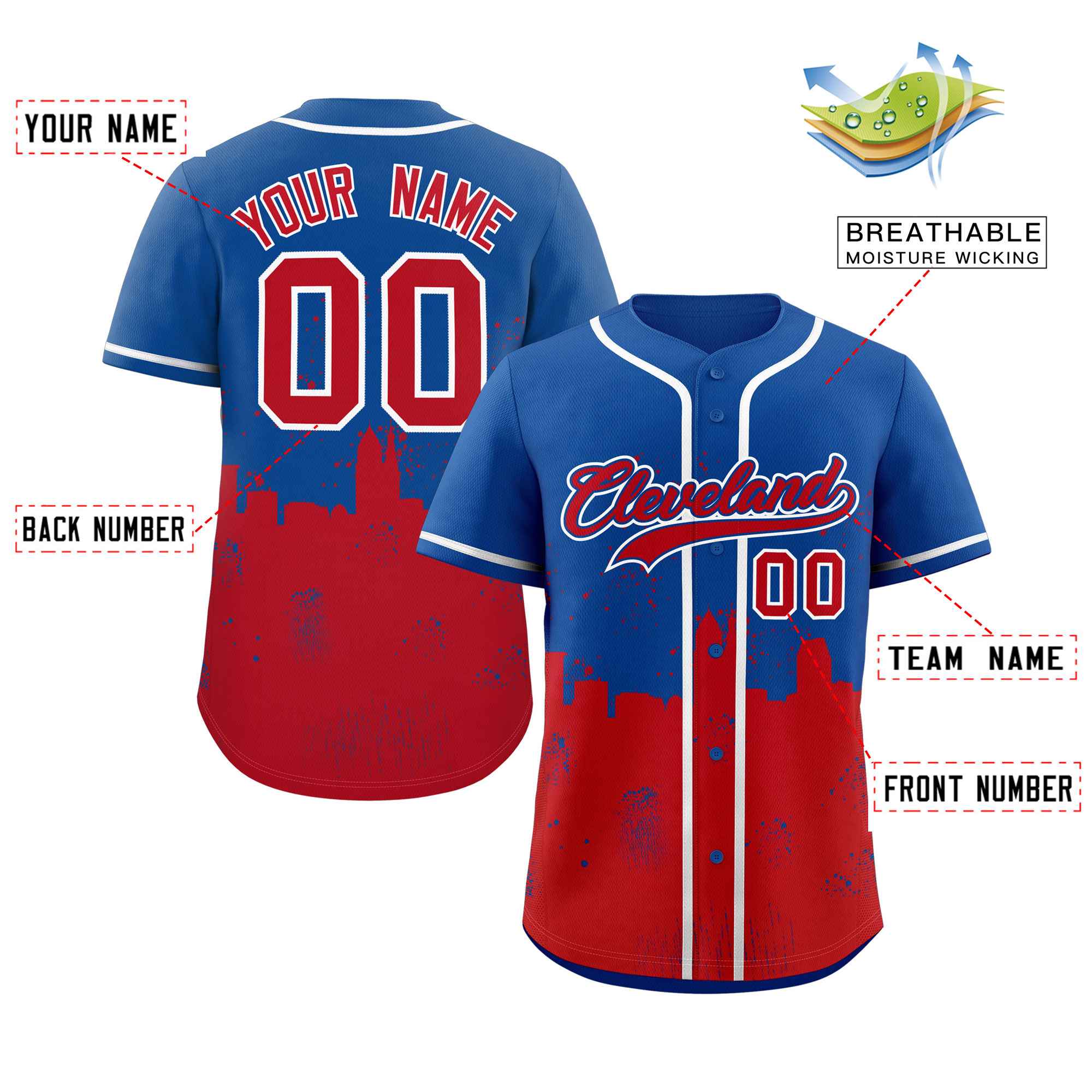Custom Royal Red Personalized Cleveland City Nightscape Authentic Baseball Jersey - Image 2