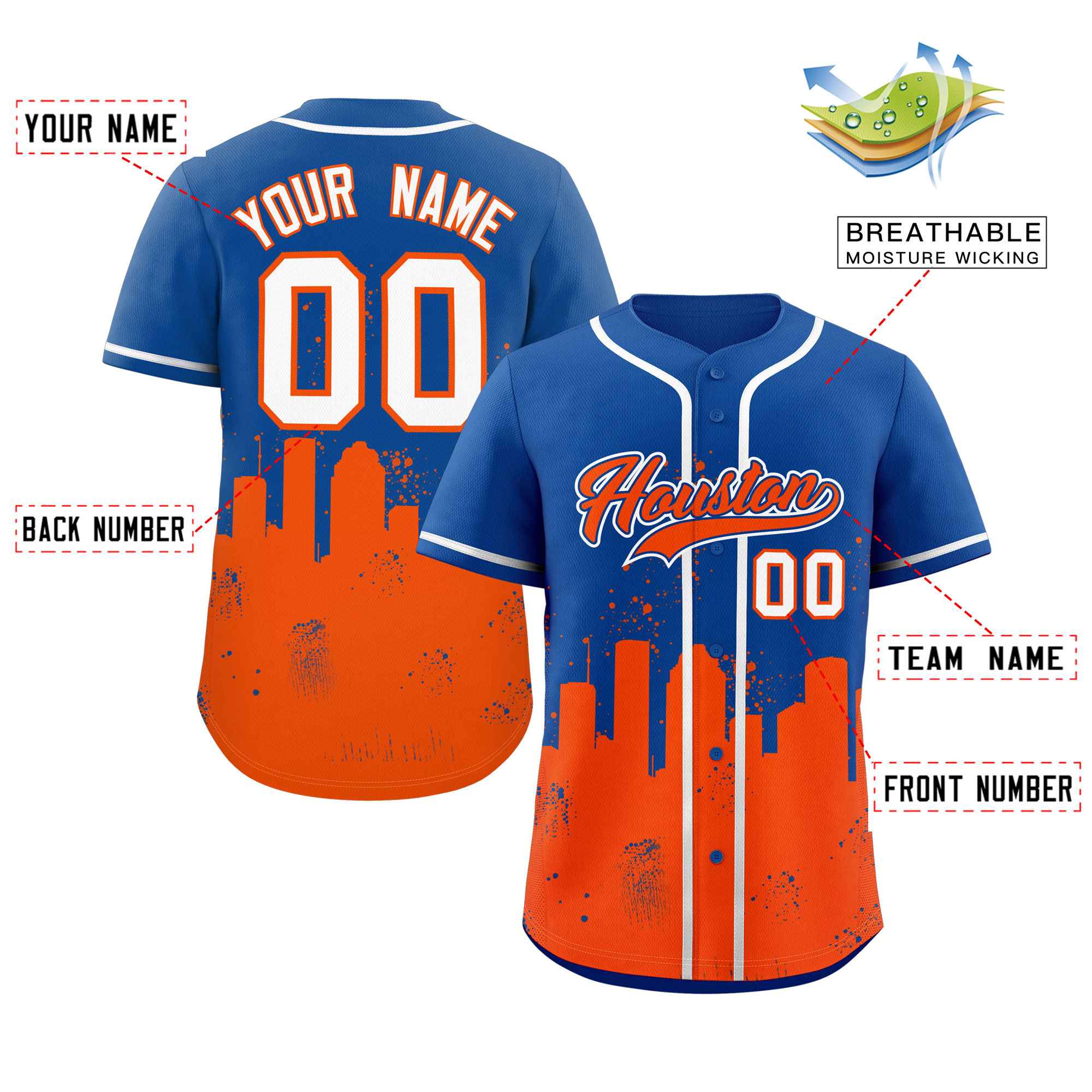 Custom Royal Orange Personalized Houston City Nightscape Authentic Baseball Jersey - Image 2