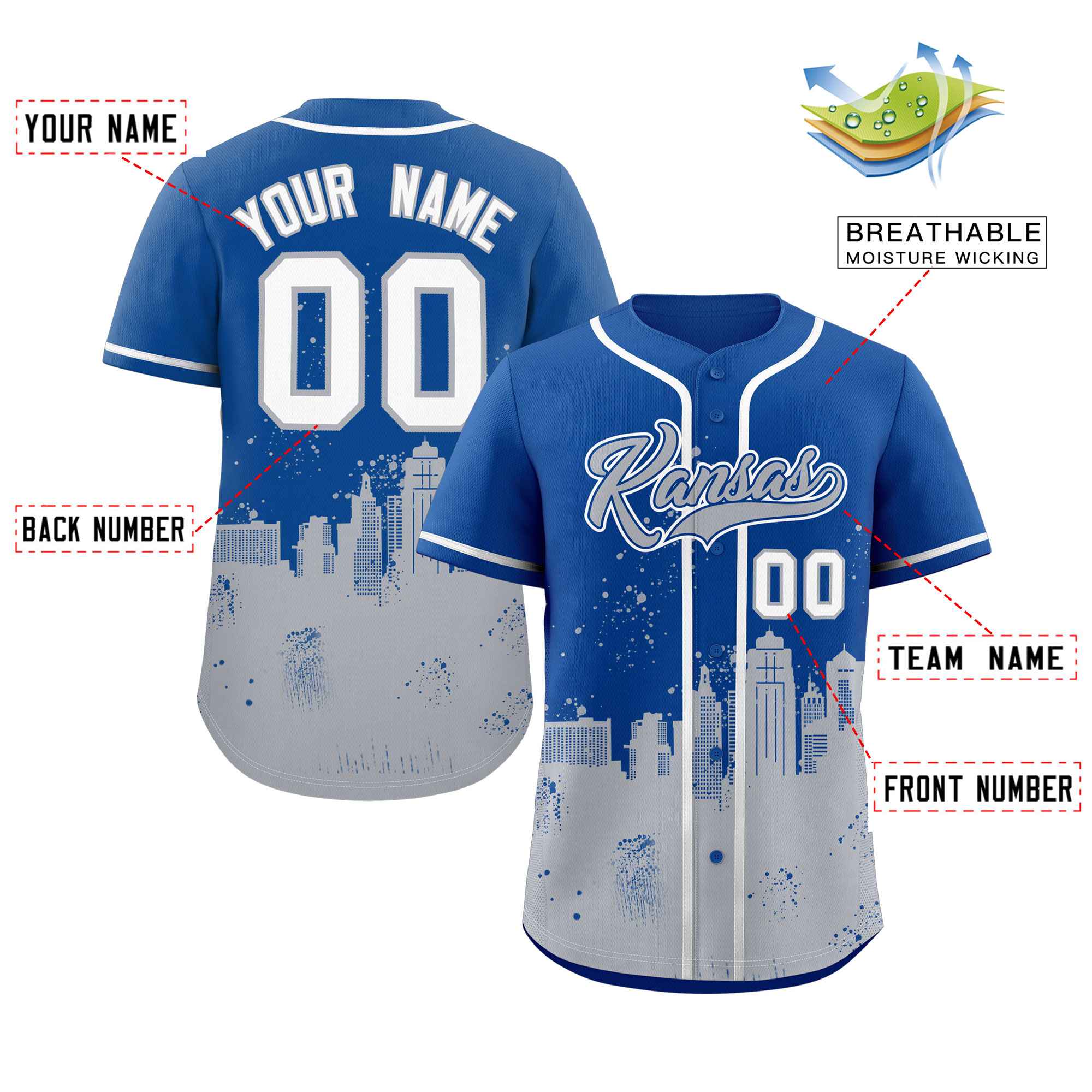 Custom Royal Gray Personalized Kansas City Nightscape Authentic Baseball Jersey - Image 2
