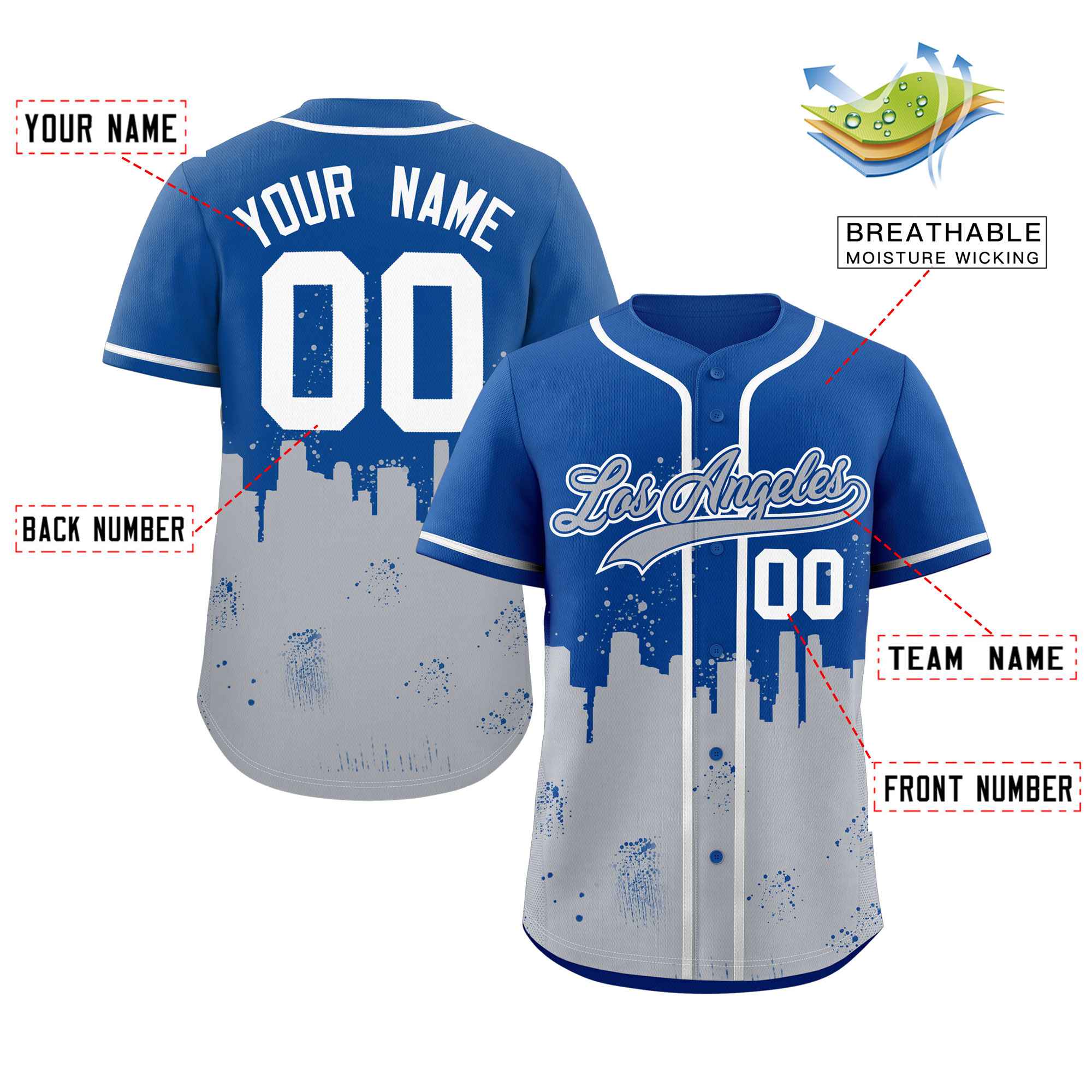 Custom Royal Gray Personalized Los Angeles City Nightscape Authentic Baseball Jersey - Image 2
