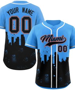 Custom Powder Blue Black Personalized Miami City Nightscape Authentic Baseball Jersey
