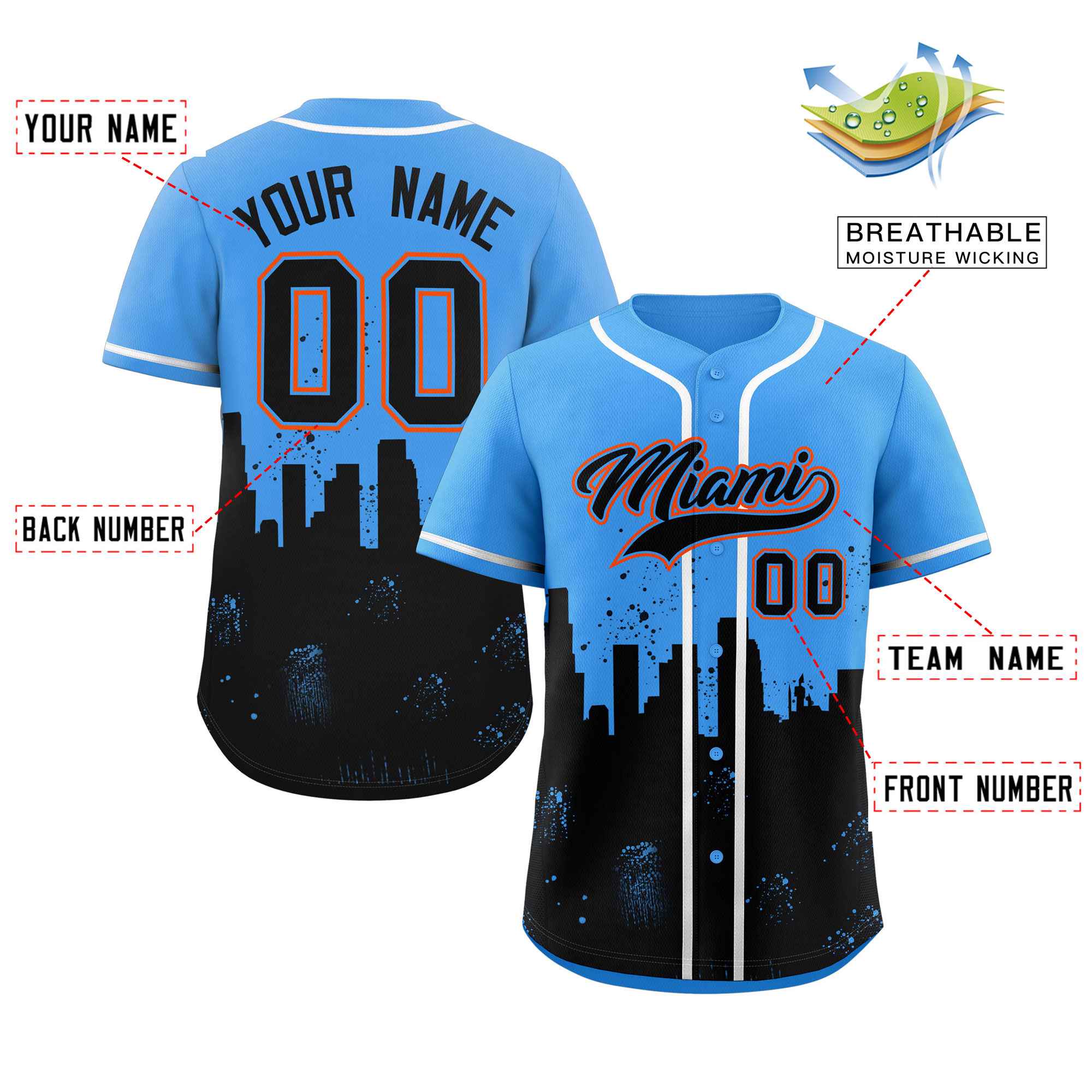 Custom Powder Blue Black Personalized Miami City Nightscape Authentic Baseball Jersey - Image 2