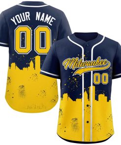 Custom Navy Yellow Personalized Milwaukee City Nightscape Authentic Baseball Jersey