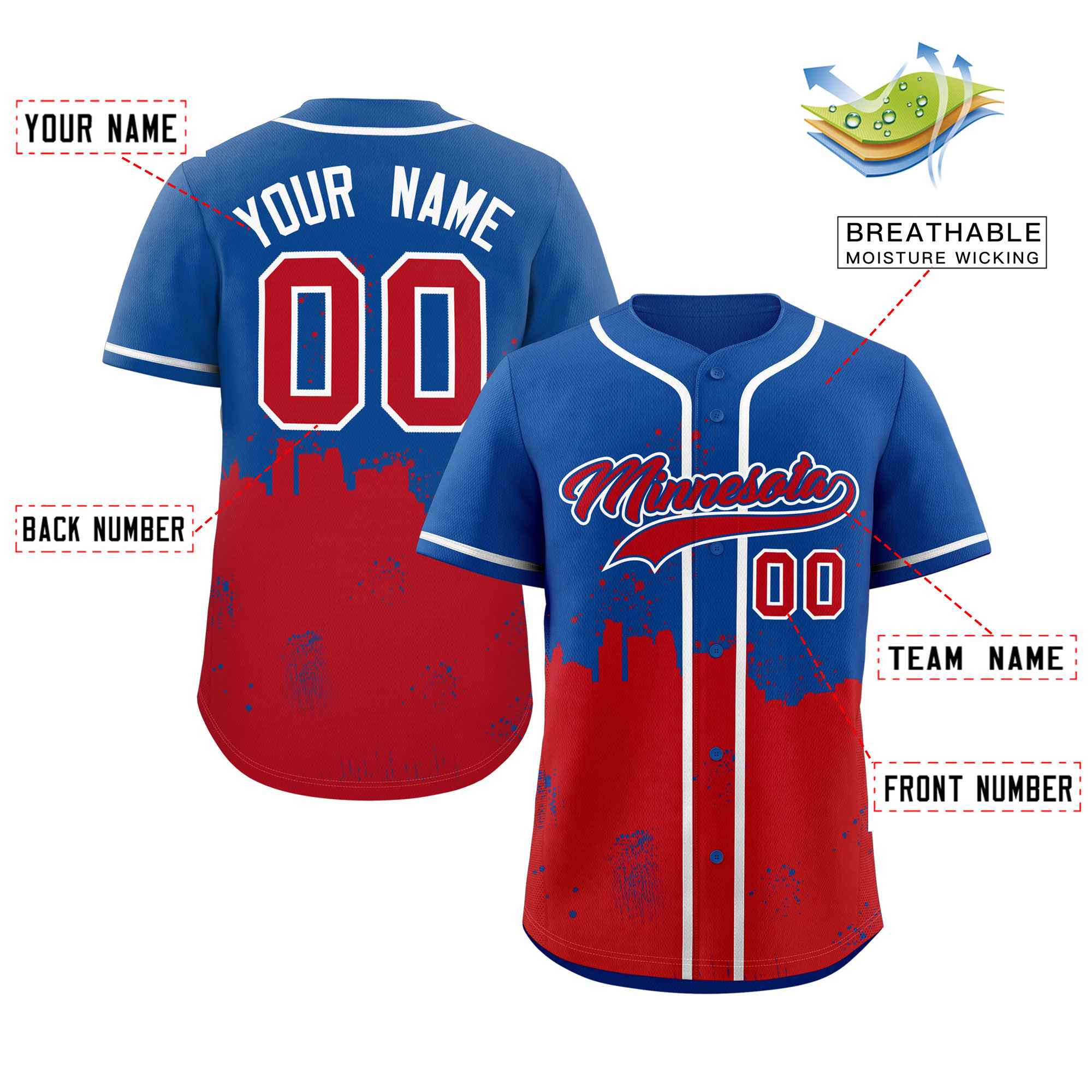 Custom Royal Red Personalized Minnesota City Nightscape Authentic Baseball Jersey - Image 2