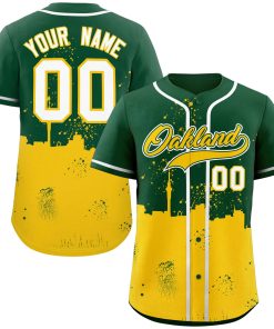 Custom Green Gold Personalized Oakland City Nightscape Authentic Baseball Jersey