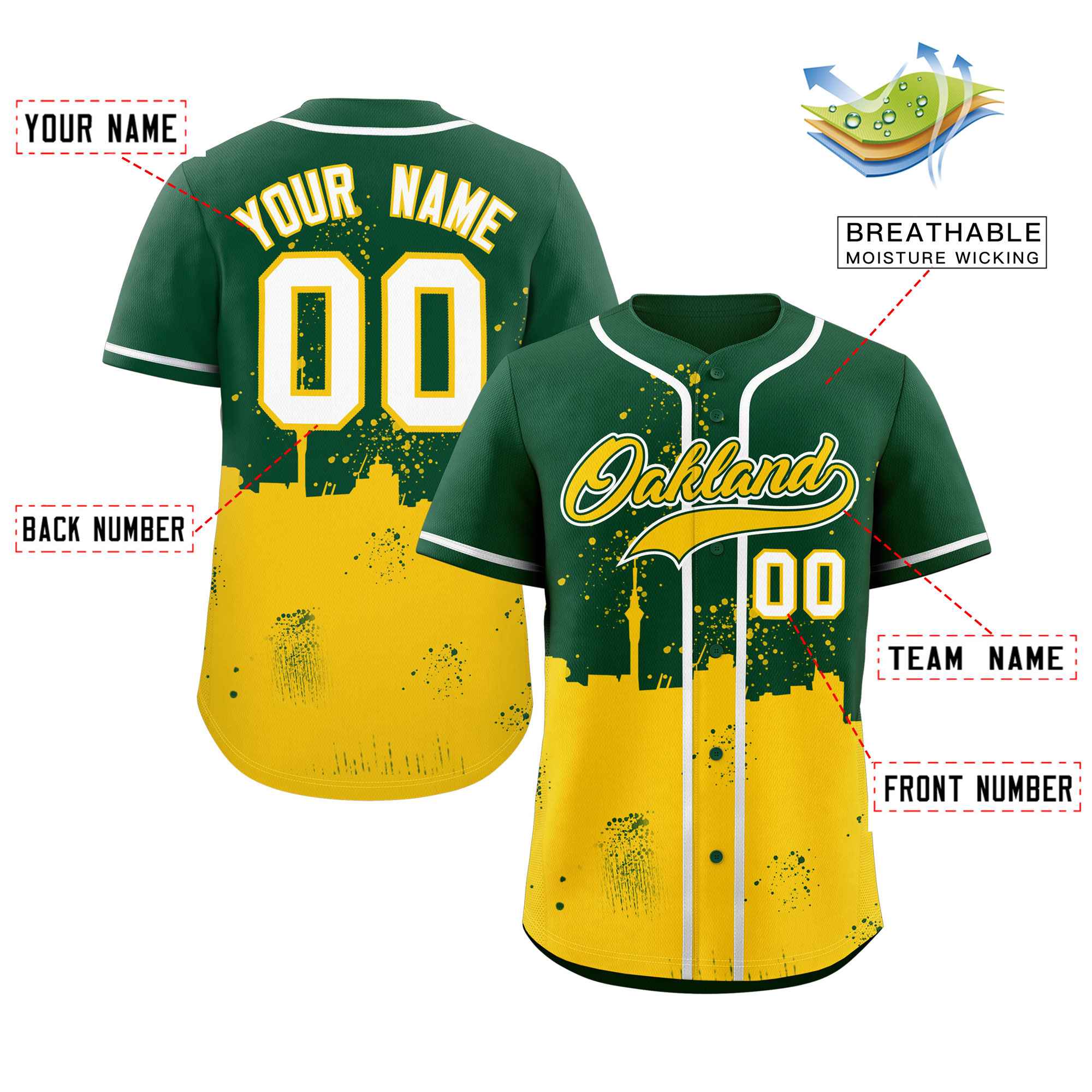Custom Green Gold Personalized Oakland City Nightscape Authentic Baseball Jersey - Image 2