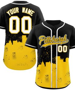 Custom Black Yellow Personalized Pittsburgh City Nightscape Authentic Baseball Jersey