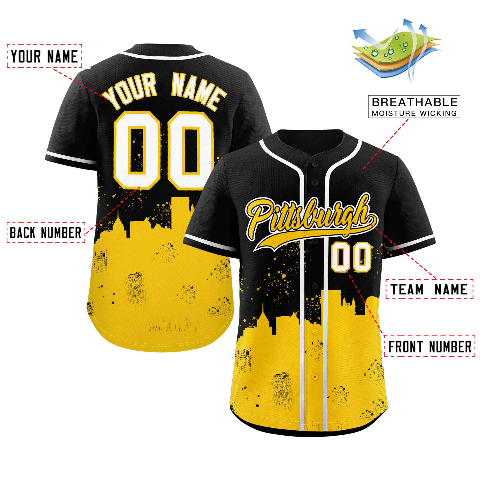 Custom Black Yellow Personalized Pittsburgh City Nightscape Authentic Baseball Jersey - Image 2