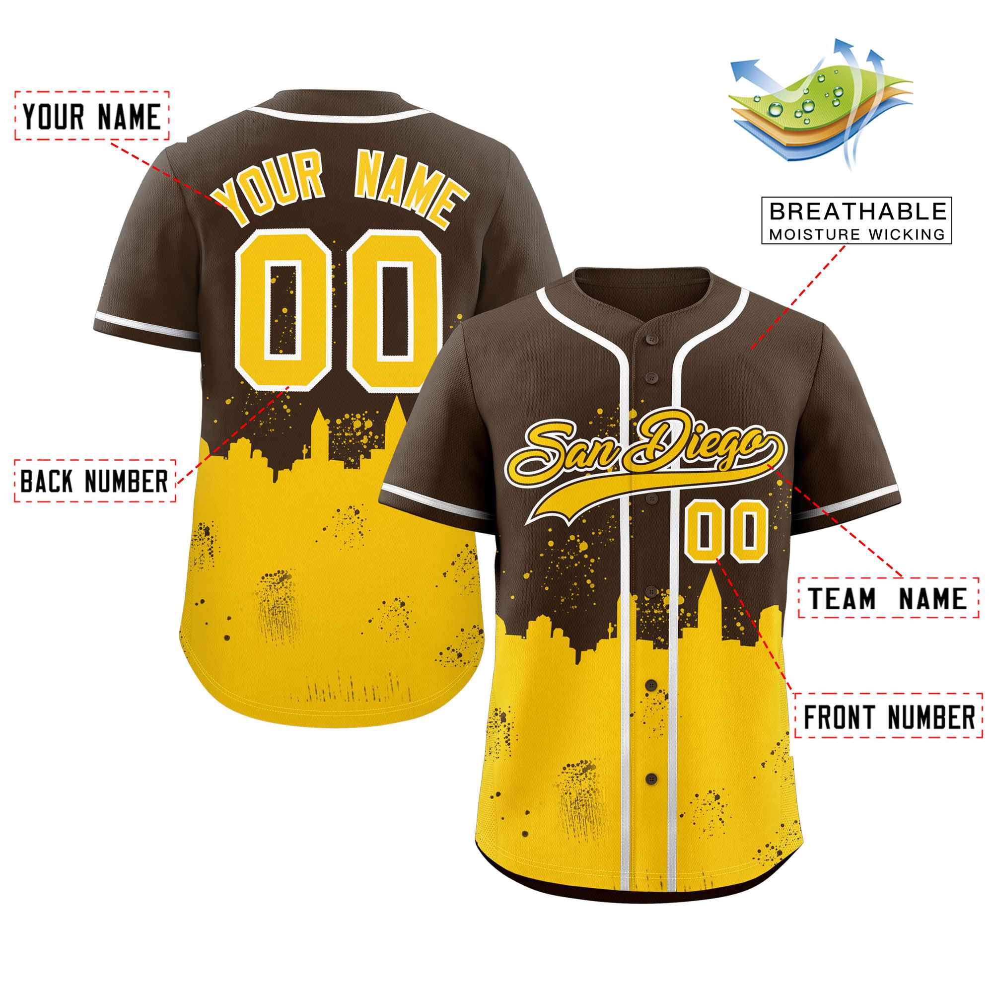 Custom Light Brown Yellow Personalized San Diego City Nightscape Authentic Baseball Jersey - Image 2