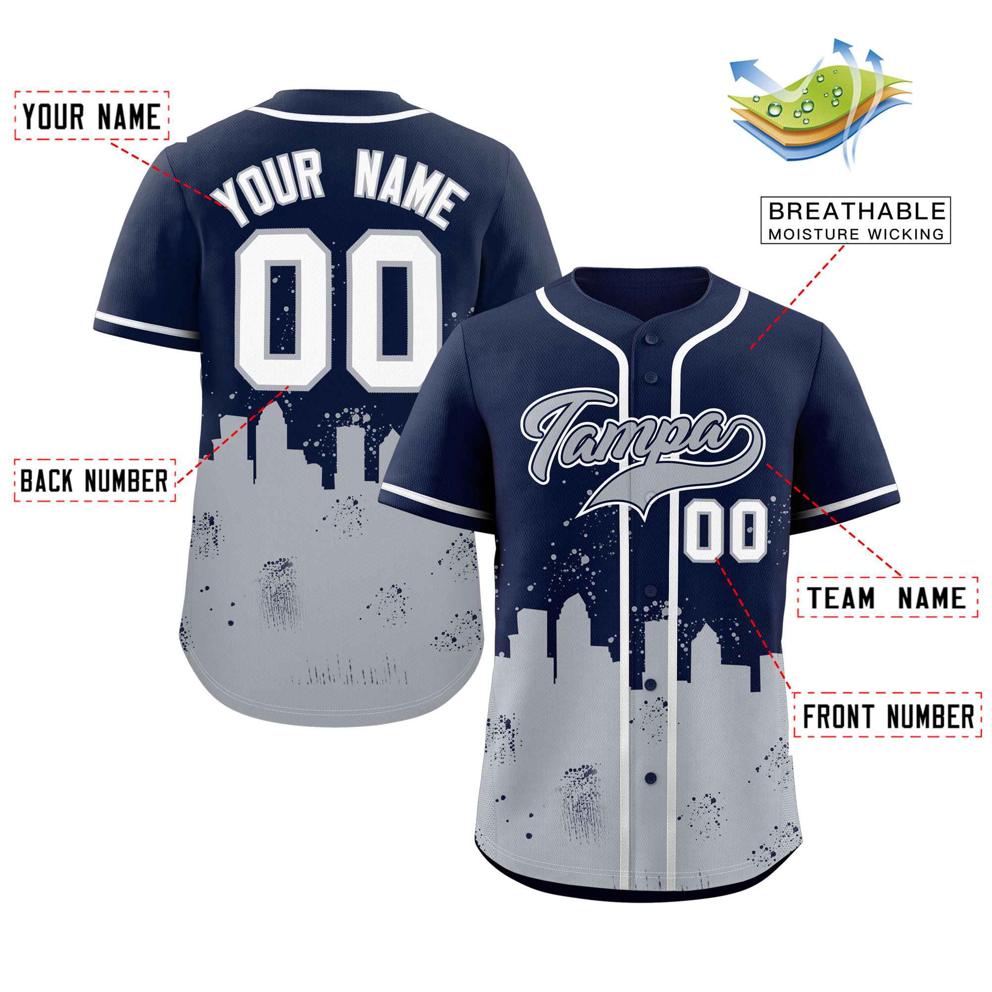 Custom Navy Gray Personalized Tampa City Nightscape Authentic Baseball Jersey - Image 2