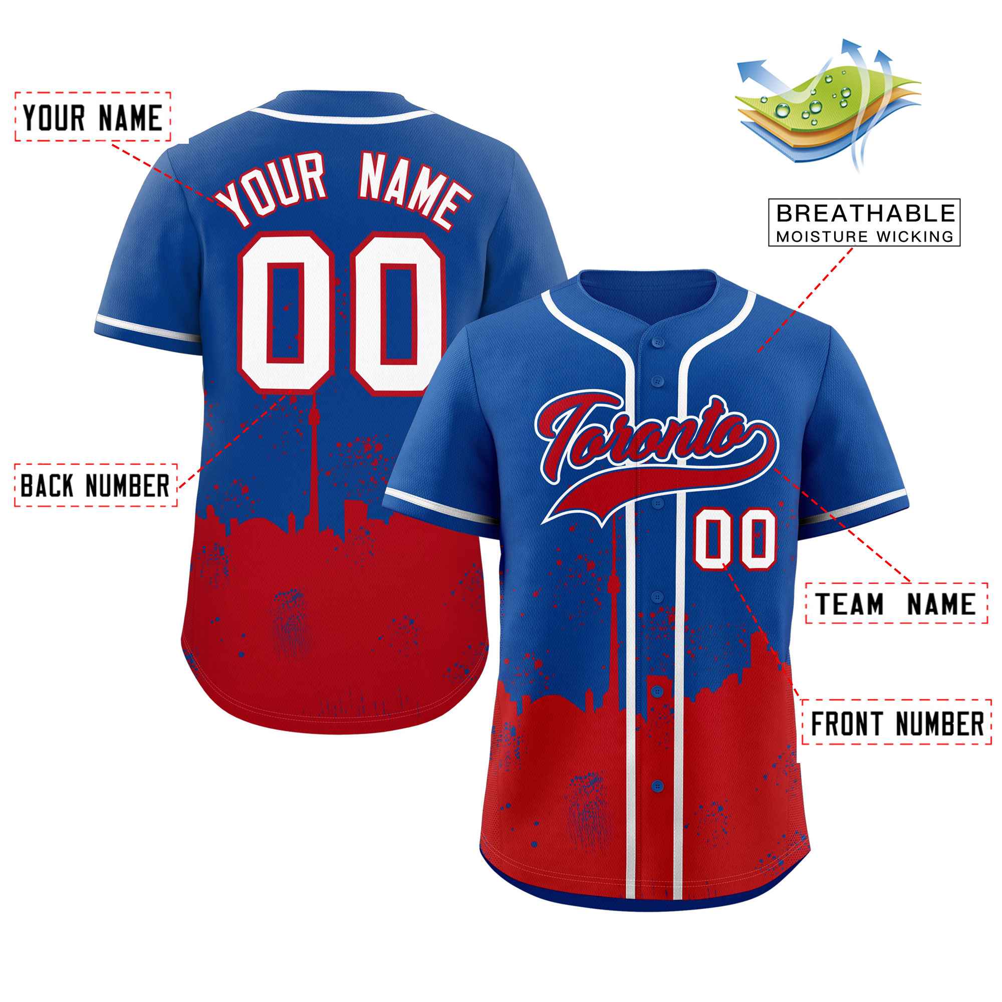Custom Royal Red Personalized Toronto City Nightscape Authentic Baseball Jersey - Image 2