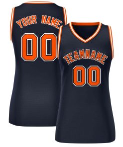 Custom Navy Blue Orange-White Classic Tops Mesh Basketball Jersey for Women