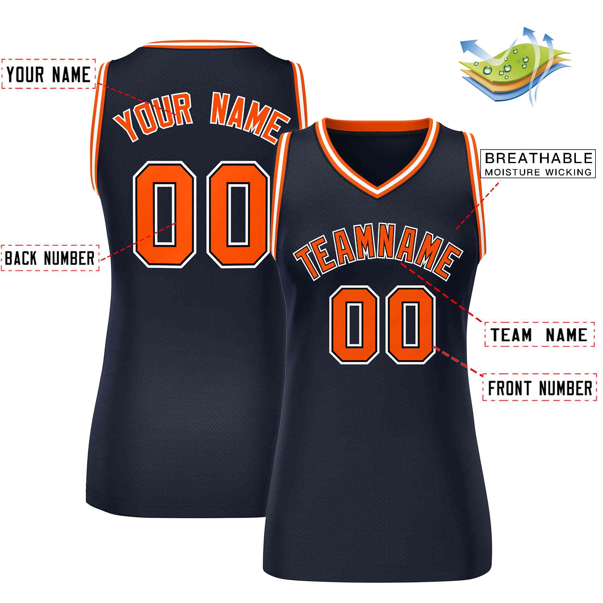 Custom Navy Blue Orange-White Classic Tops Mesh Basketball Jersey for Women - Image 2