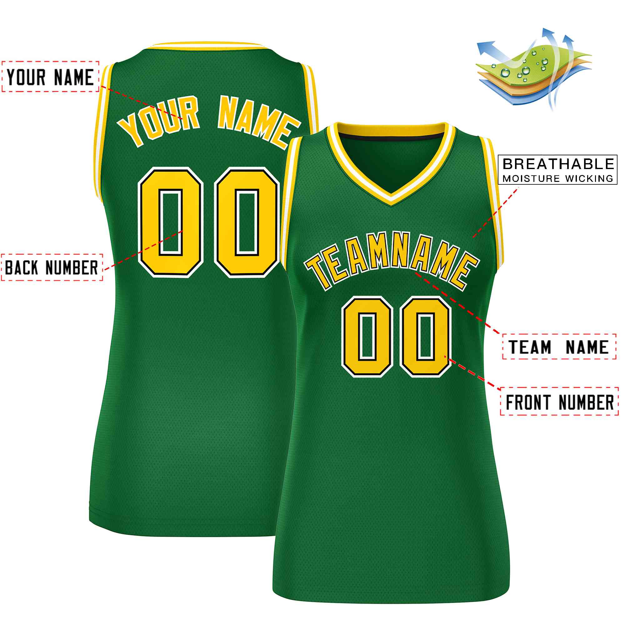 Custom Green Gold-White Classic Tops Mesh Basketball Jersey for Women - Image 2