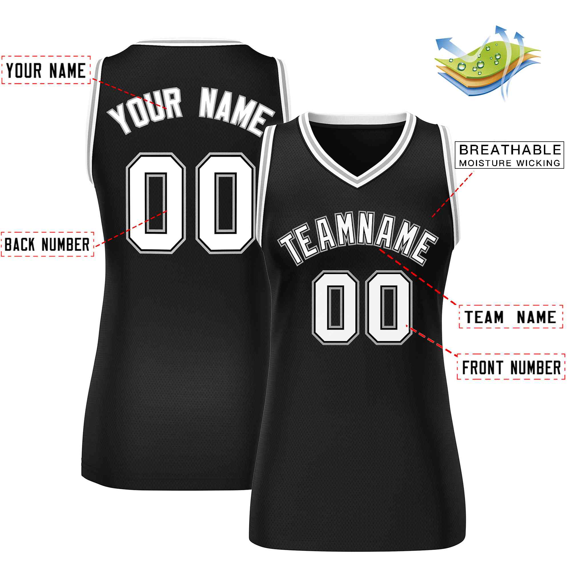 Custom Black White-Gray Classic Tops Mesh Basketball Jersey for Women - Image 2
