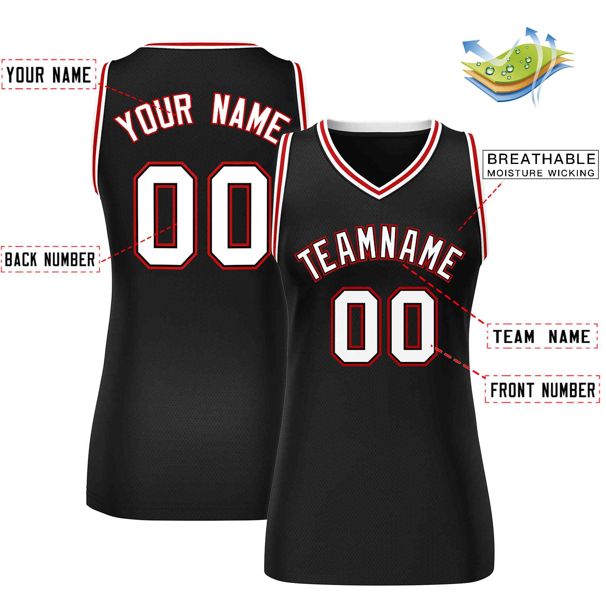 Custom Black White-Red Classic Tops Mesh Basketball Jersey for Women - Image 2