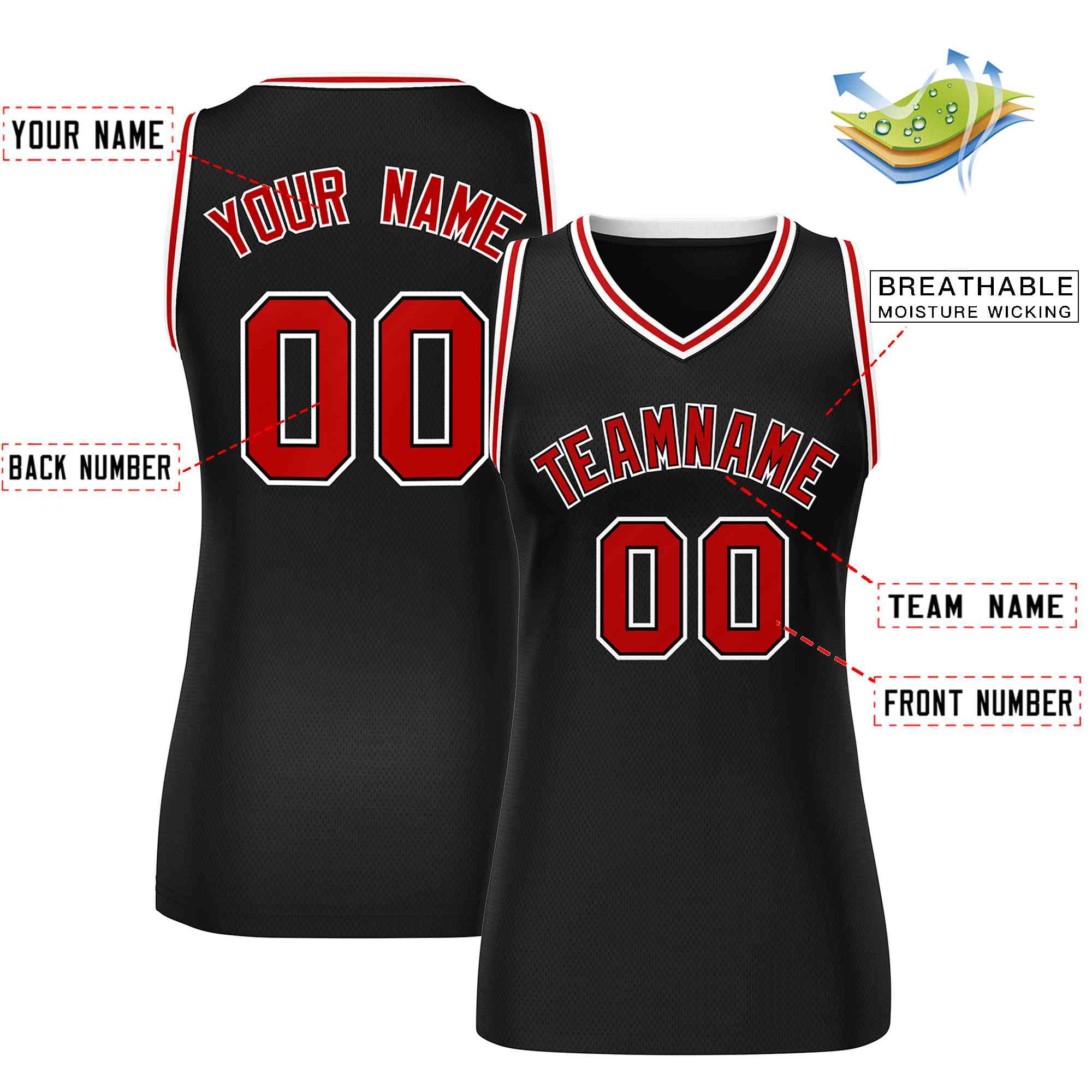 Custom Black Red-White Classic Tops Mesh Basketball Jersey for Women - Image 2