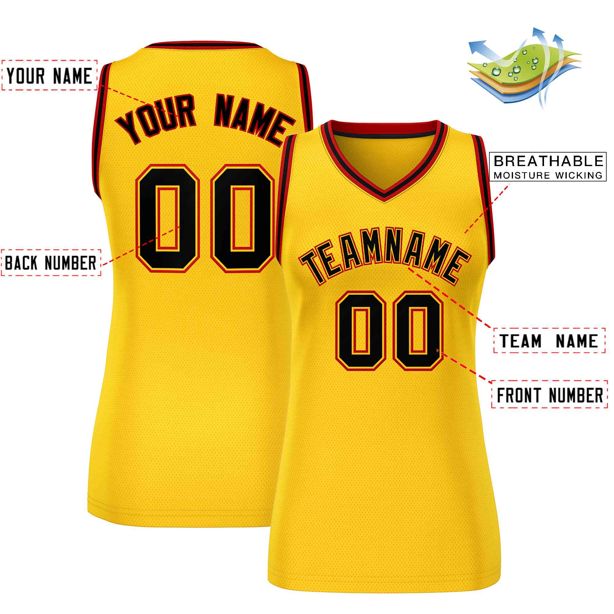 Custom Yellow Black-Red Classic Tops Mesh Basketball Jersey for Women - Image 2