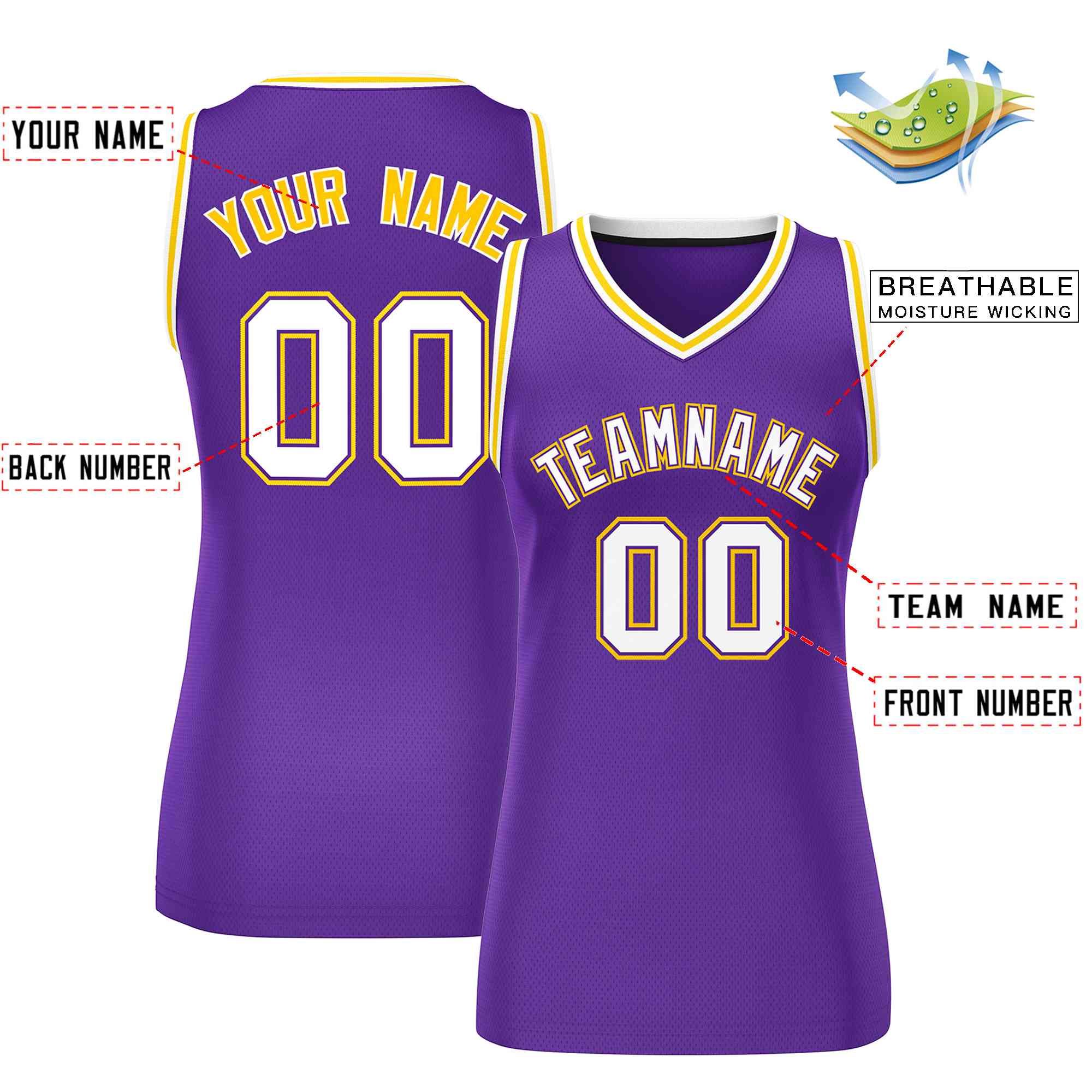 Custom Purple White-Gold Classic Tops Mesh Basketball Jersey for Women - Image 2