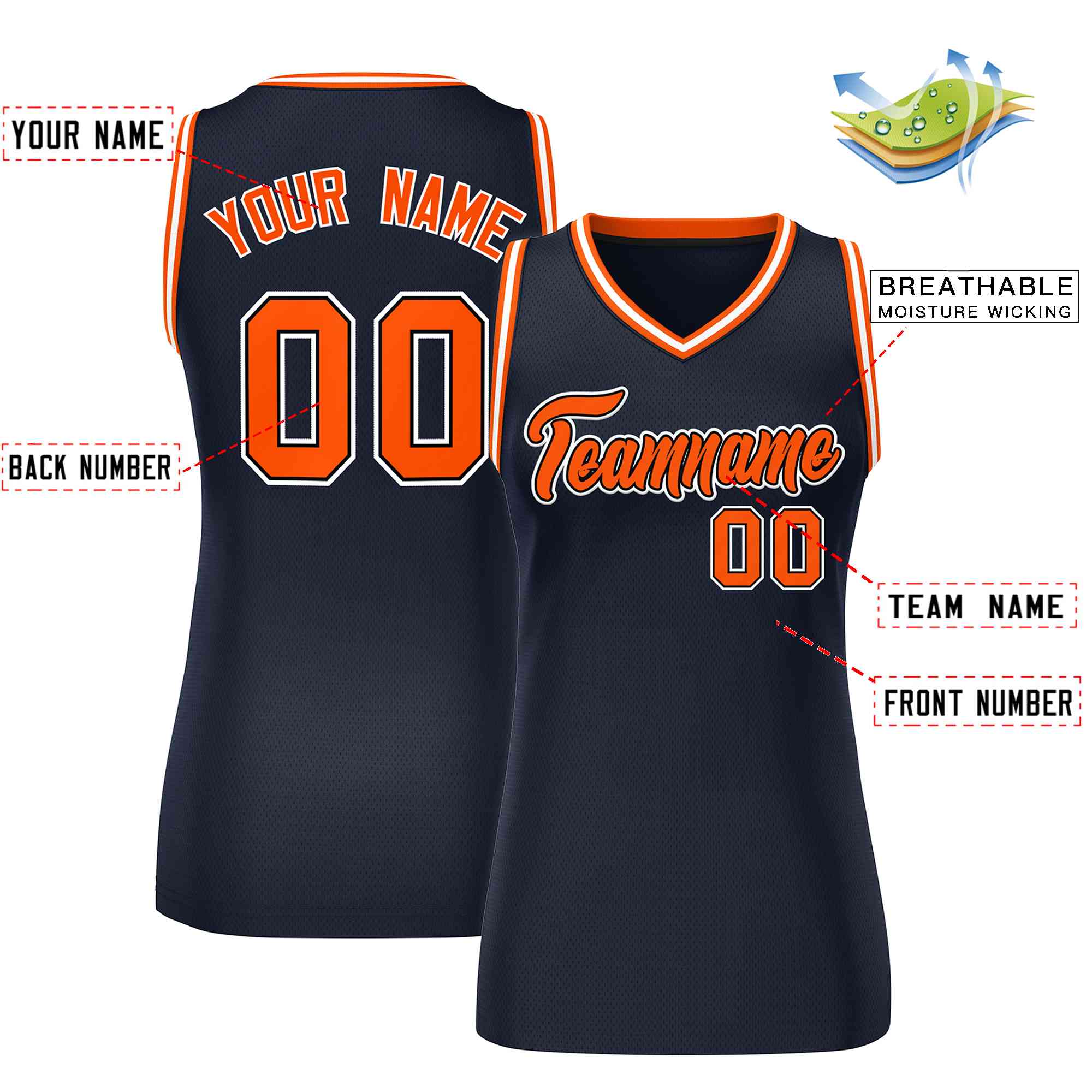 Custom Navy Blue Orange-White Classic Tops Mesh Basketball Jersey for Women - Image 2