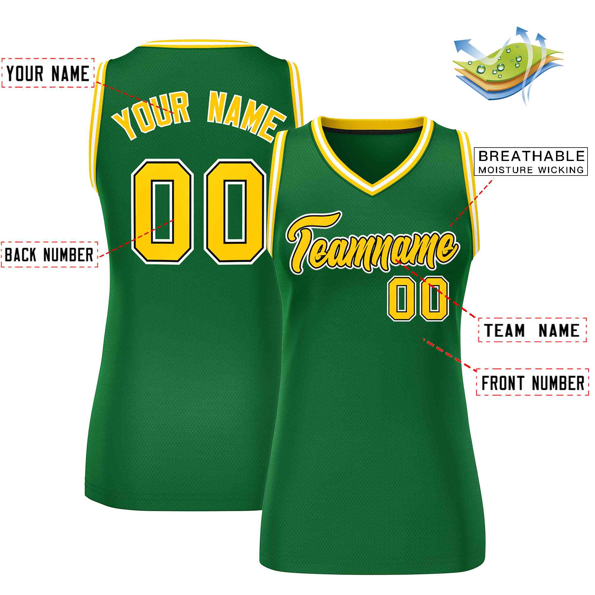 Custom Green Gold-White Classic Tops Mesh Basketball Jersey for Women - Image 2