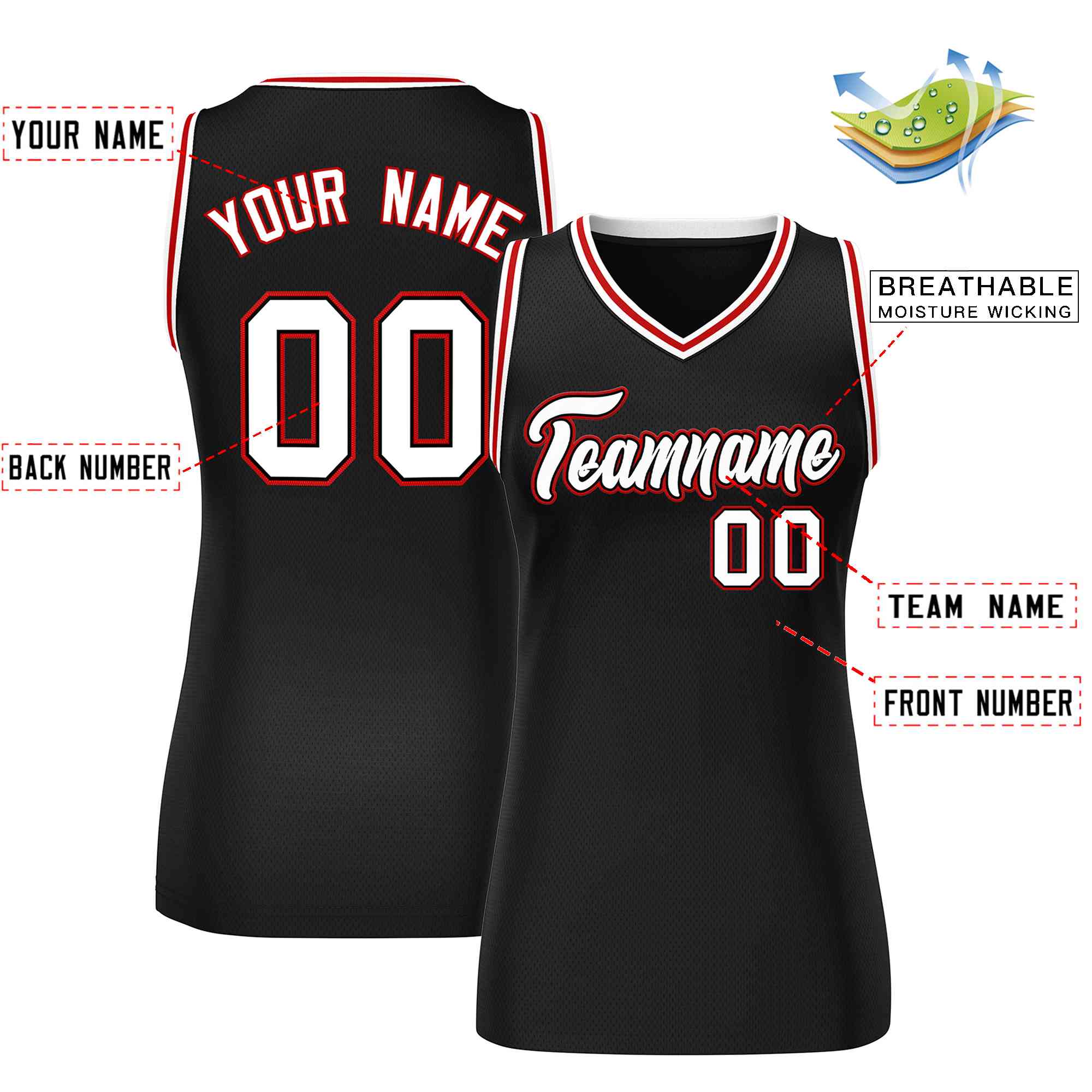 Custom Black White-Red Classic Tops Mesh Basketball Jersey for Women - Image 2