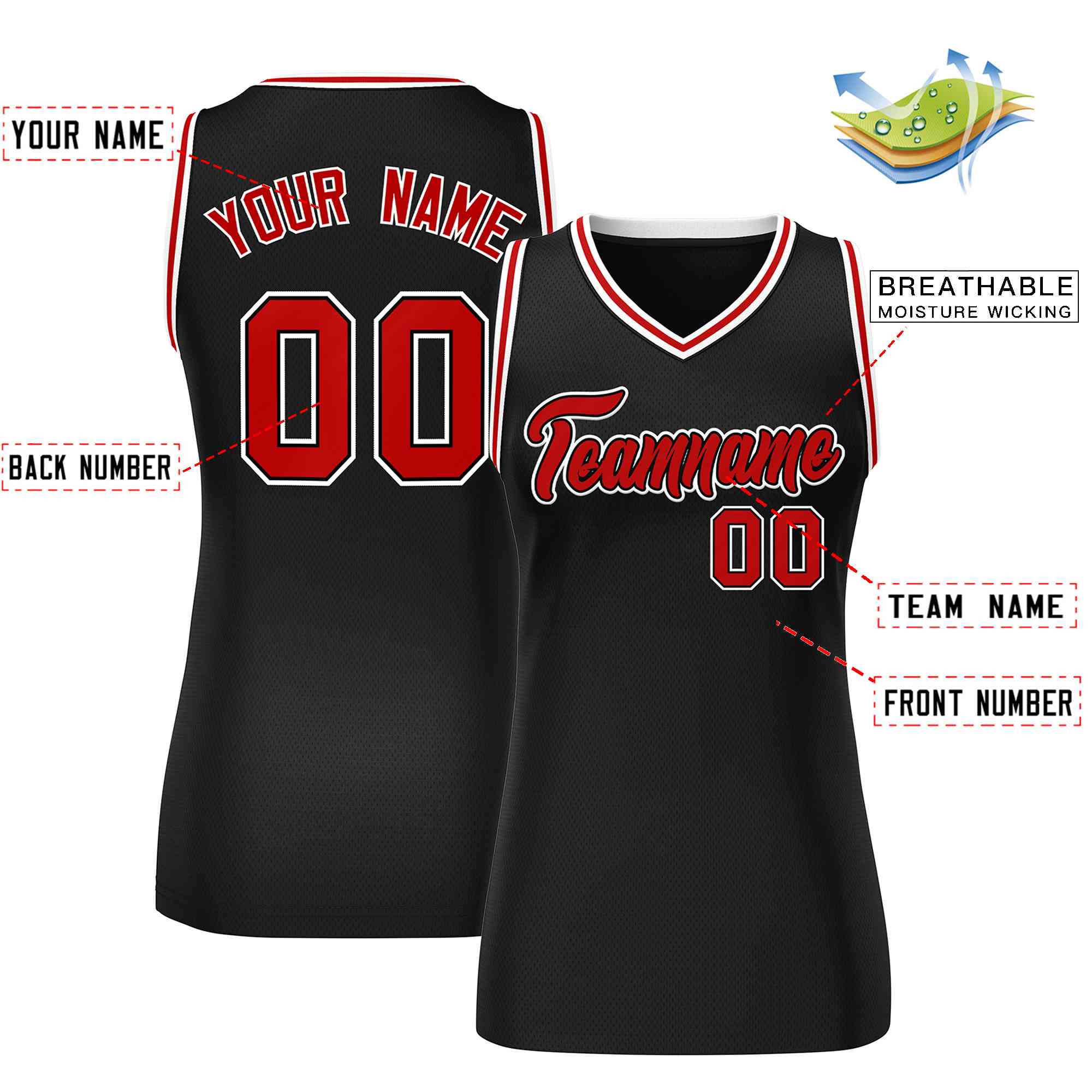 Custom Black Red-White Classic Tops Mesh Basketball Jersey for Women - Image 2