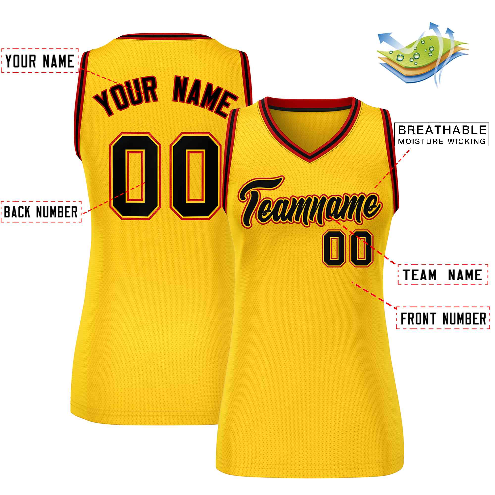 Custom Yellow Black-Red Classic Tops Mesh Basketball Jersey for Women - Image 2