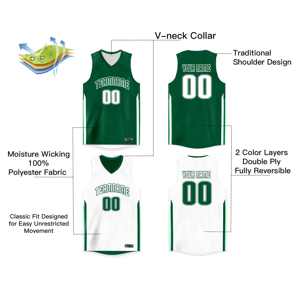 Custom Green White Double Side Tops Basketball Jersey - Image 2