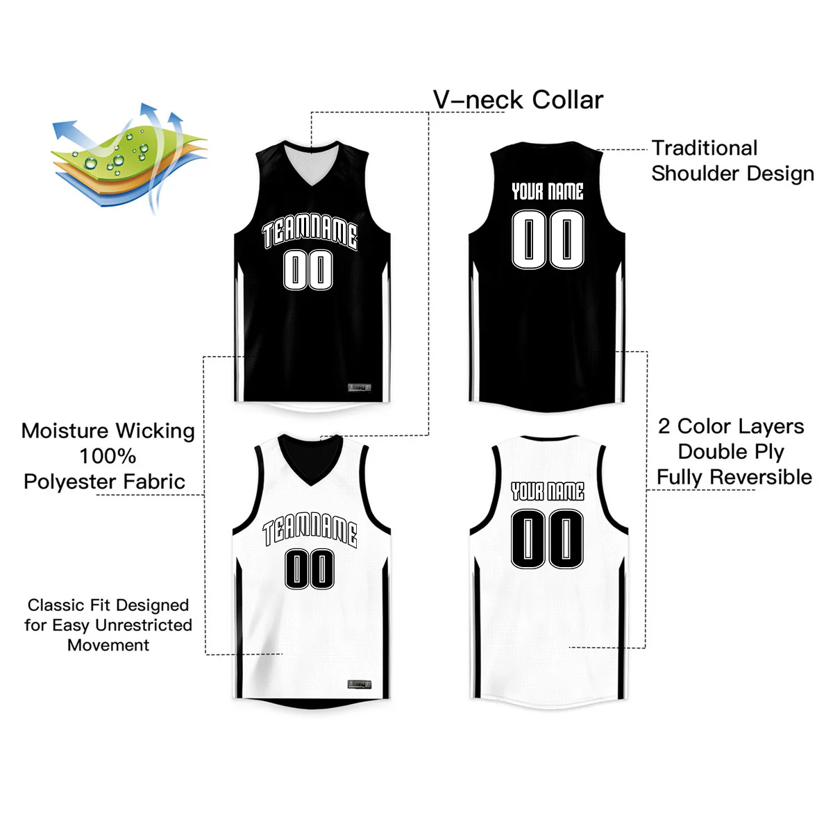 Custom Black White Double Side Tops Sports Basketball Jersey - Image 4