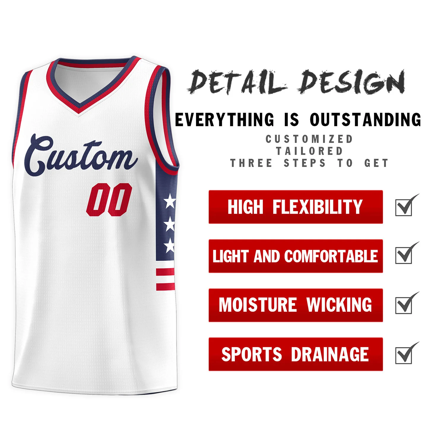 Custom White Navy-Red Personalized Star Pattern Tops Fashion Sportwear Basketball Jersey - Image 4