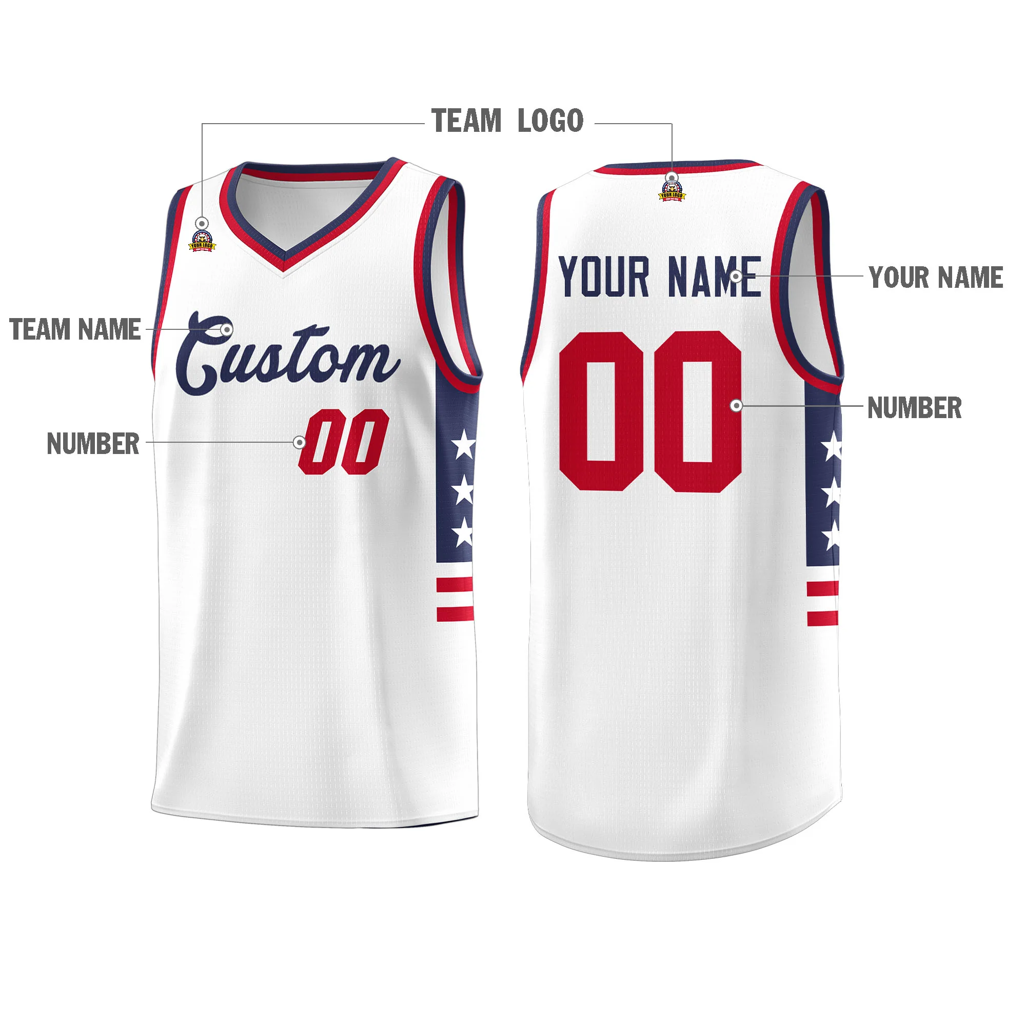 Custom White Navy-Red Personalized Star Pattern Tops Fashion Sportwear Basketball Jersey - Image 2