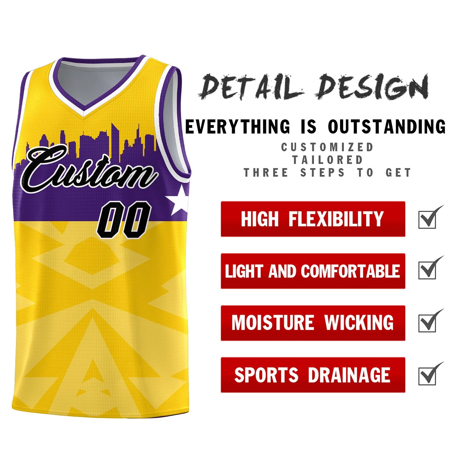 Custom Gold Personalized City Silhouette Pattern Sports Uniform Basketball Jersey - Image 3