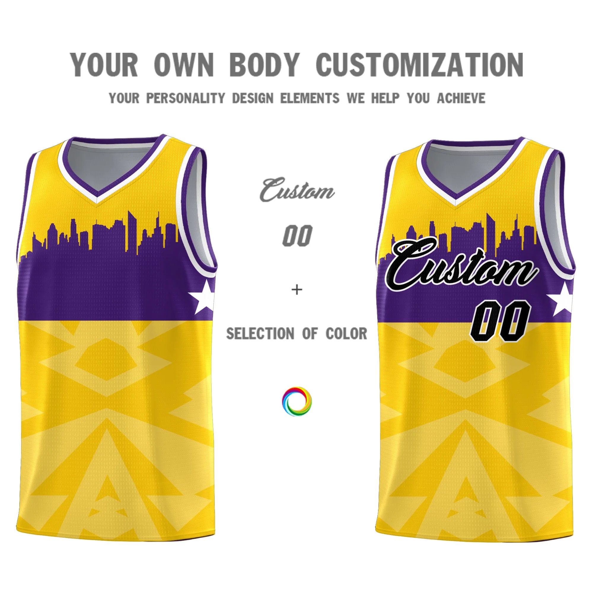 Custom Gold Personalized City Silhouette Pattern Sports Uniform Basketball Jersey - Image 4
