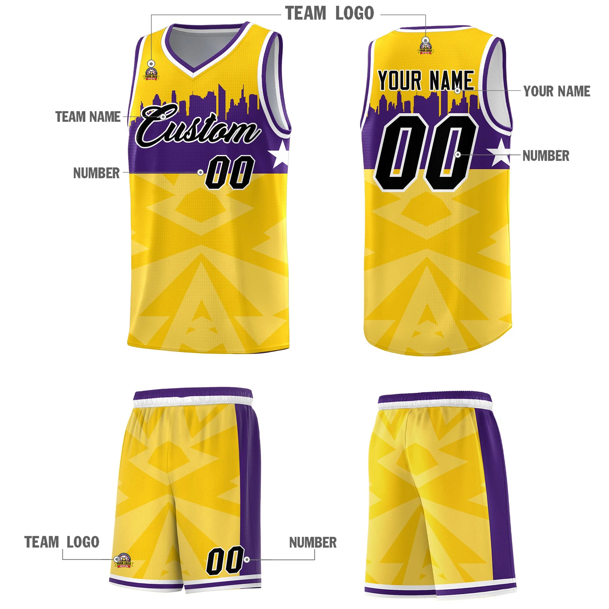 Custom Gold Personalized City Silhouette Pattern Sports Uniform Basketball Jersey - Image 6