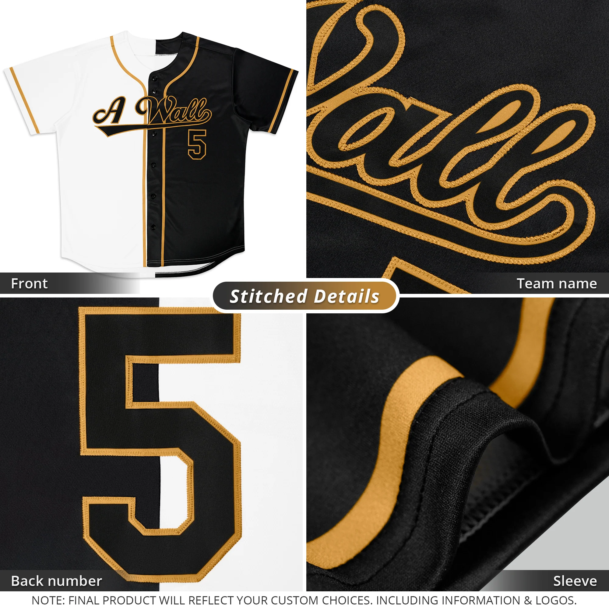Custom Black White-Old Gold Split Fashion Authentic Baseball Jersey - Image 5