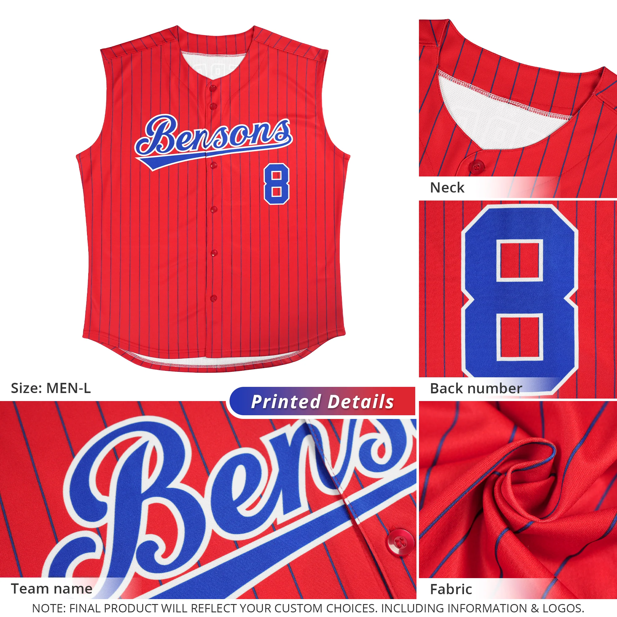 Custom Red Royal-White Sleeveless Stripe Fashion Baseball Jersey - Image 3