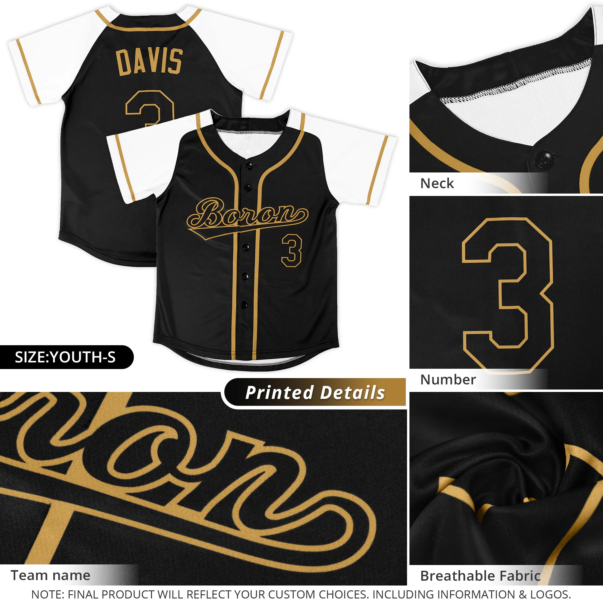 Custom Black Gold Raglan Sleeves Authentic Baseball Jersey - Image 4