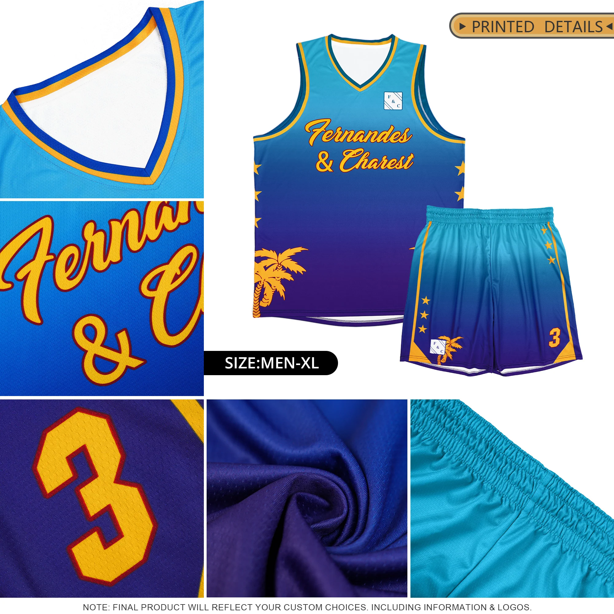 Custom Blue Royal-Purple Gradient Fashion Coconut Palm Pattern Sports Uniform Basketball Jersey - Image 5