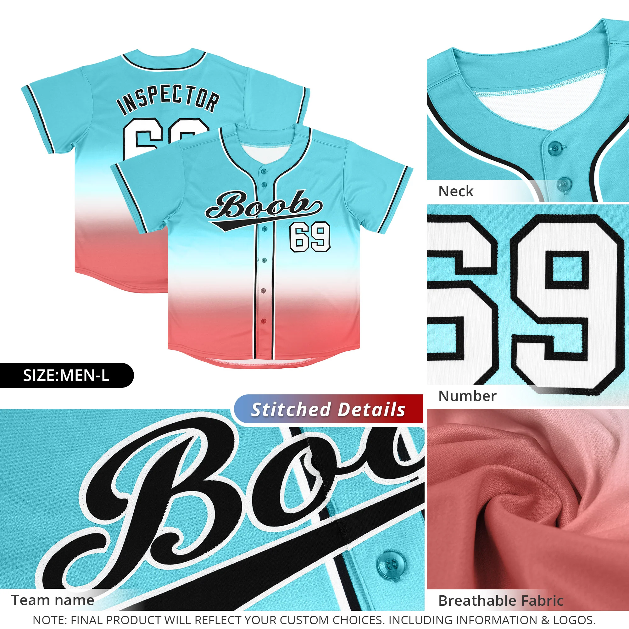 Custom Aqua Light Red Black-White Gradient Fashion Authentic Baseball Jersey - Image 4
