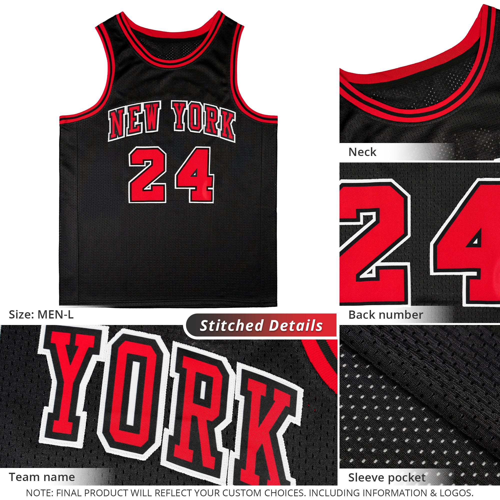 Custom Black Red-Black Classic Tops Casual Fake Sleeve Basketball Jersey - Image 5