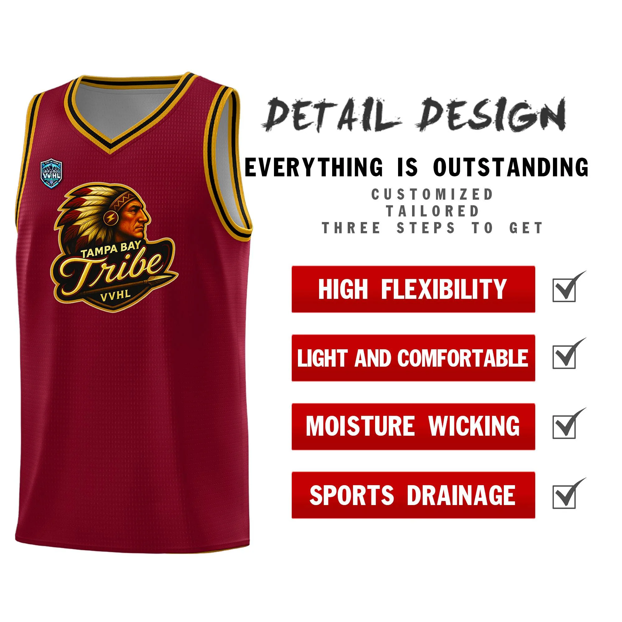 VVHL Crimson S7-Tampa-bay-tribe Tops Basketball Jersey - Image 2
