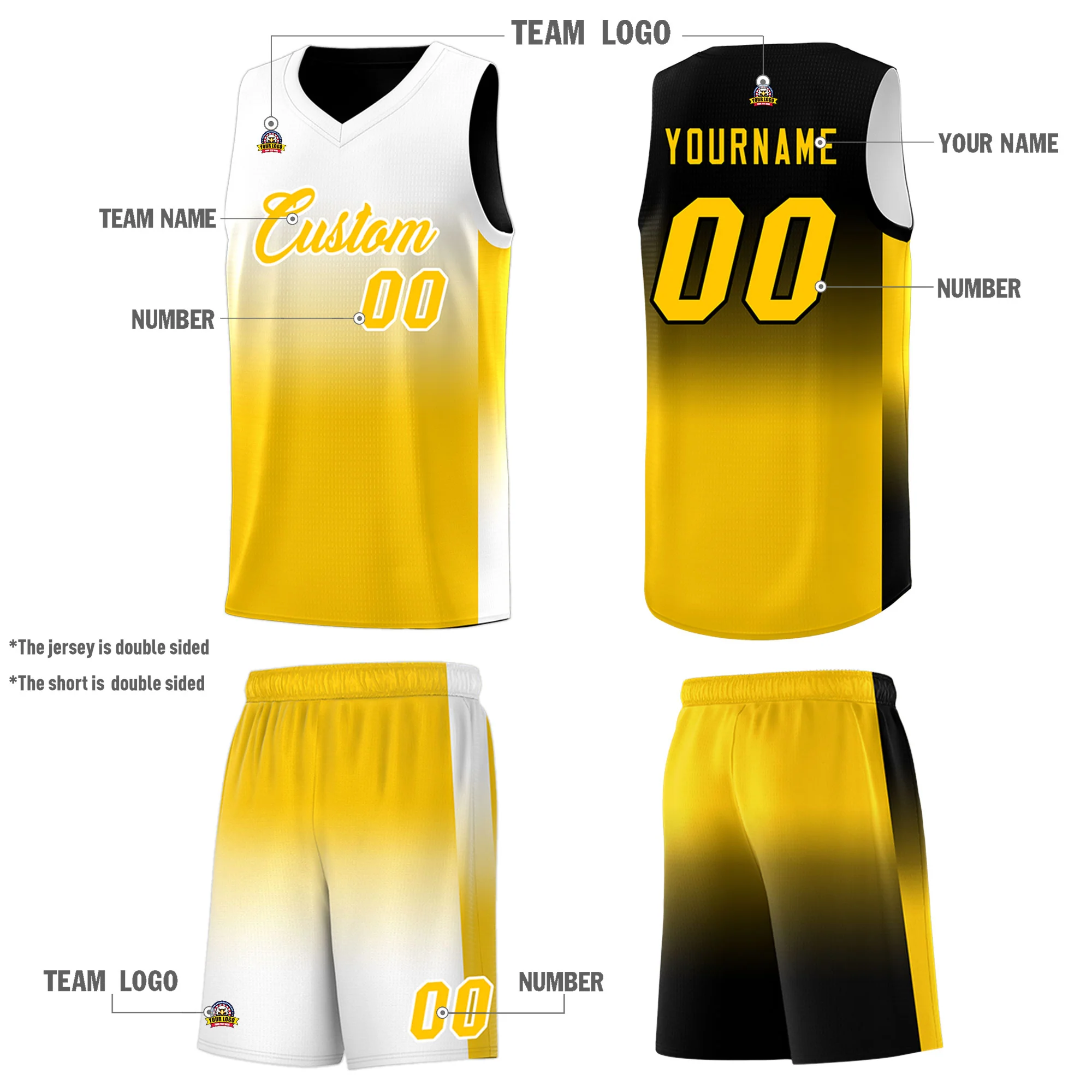 Fans-Made | Custom Black/White Yellow Gradient Fashion Double Side Sports Uniform Basketball Jersey – Available for Reorder - Image 5