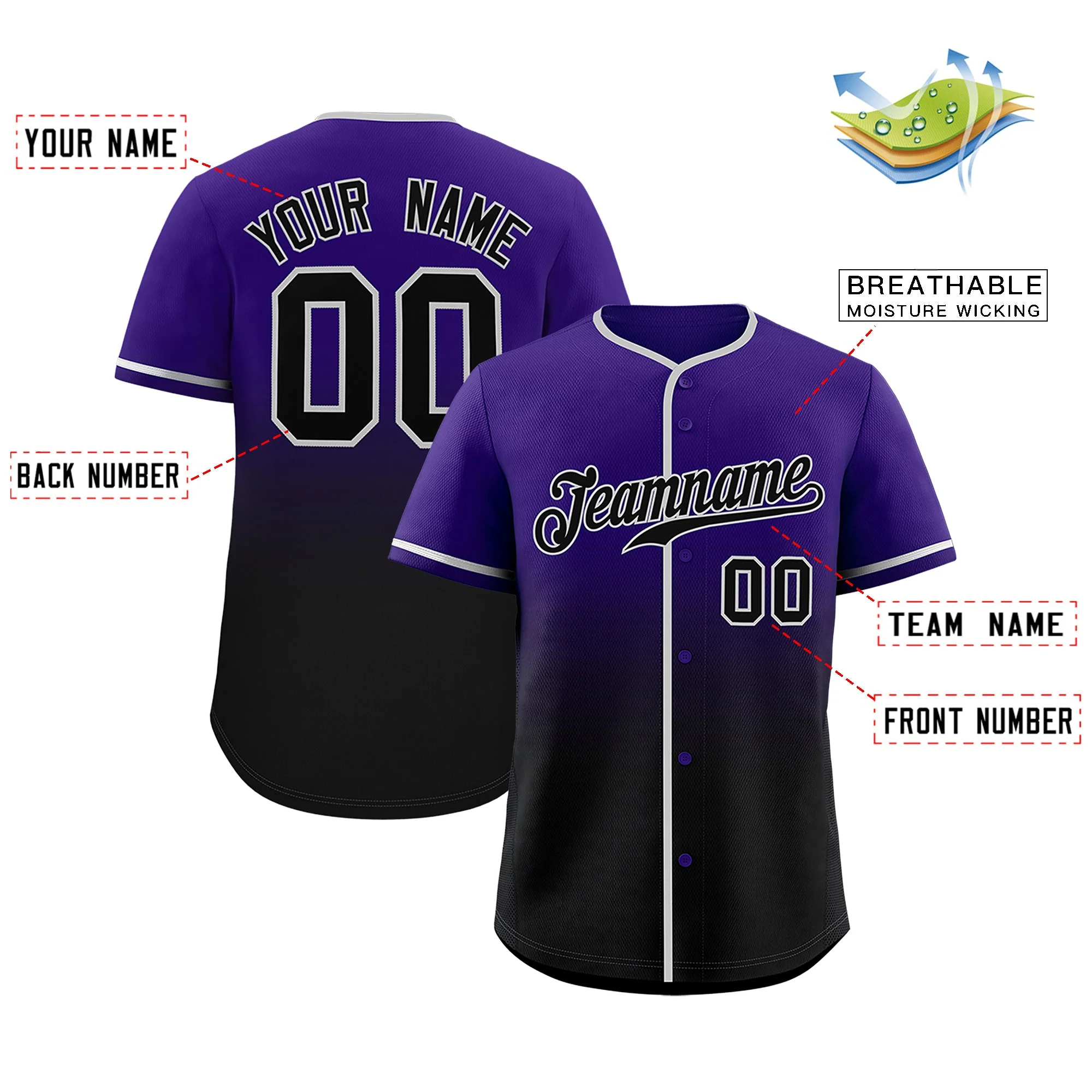 VVHL Custom Purple Black Gradient Fashion Authentic Baseball Jersey - Image 2